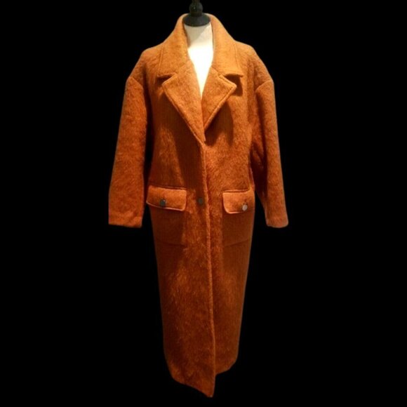 Women's Guess Los Angeles Oversized Full Length Wool Blend Coat in Orange Size S - Picture 1 of 9